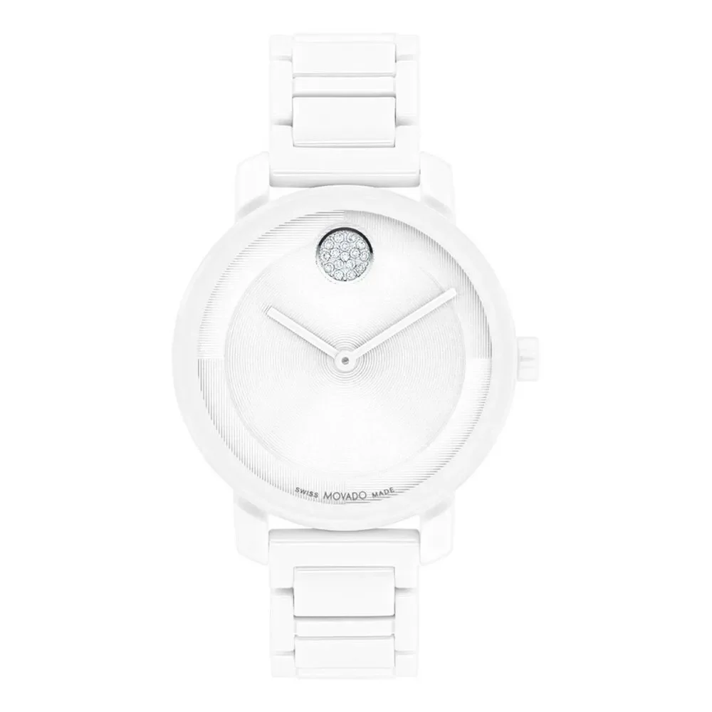 Movado Bold Women's White Ceramic Watch Diamond Dot 34mm
